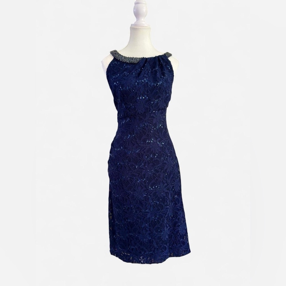 Lauren Ralph Lauren Evening Navy Lace Sequin Dress | Size 14